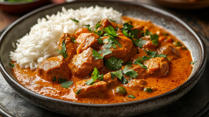 Lammcurry nach deutscher Art, serviert mit Reis und mit Kräutern garniert