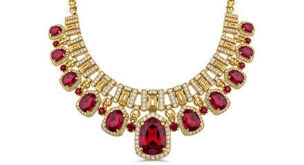 Obraz premium Detailed gold necklace with red gemstones, metallic texture and gleaming jewels