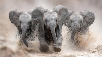 A baby elephant playing in a mud pit with its siblings, splashing water in every direction as their large ears flap in excitement.