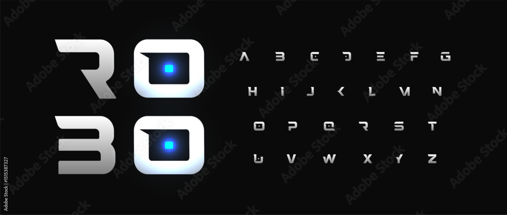 Poster ai cyber font, robot techno alphabet, futuristic robotic display typeface, bold geometric letters fo