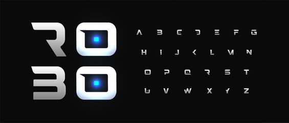AI cyber font, robot techno alphabet, futuristic robotic display typeface, bold geometric letters for virtual interface branding, minimal digital style, modern tech typography. Vector typeset