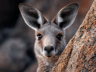 Fototapeta premium A curious kangaroo peeking over the top of a rock, its large ears twitching as it watches its surroundings.
