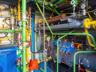 Color-coded industrial gas compressor system with pipes, valves, gauges, and control units, used in energy, HVAC, and process engineering. – Energy, Industrial Engineering