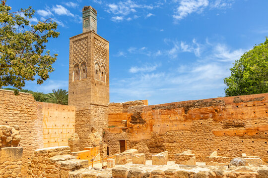 Chellah medieval muslim necropolis ruins with minaret tower, Rabat, Morocco