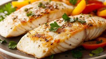 grilled fish fillet with vegetables and herbs on a plate on a wooden background