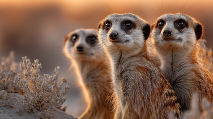 A family of meerkats standing upright on a mound, their heads swiveling in unison as they keep watch over the surrounding desert.