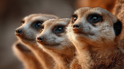 A family of meerkats standing upright on a mound, their heads swiveling in unison as they keep watch over the surrounding desert.