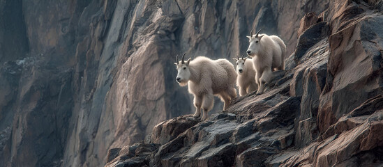 Naklejka premium A family of mountain goats climbing a rocky cliffside, their hooves finding steady footing as they move through the rugged terrain.