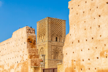 Hassan Tower ancient incomplete mosque minaret and surrounding walls, Rabat, Morocco