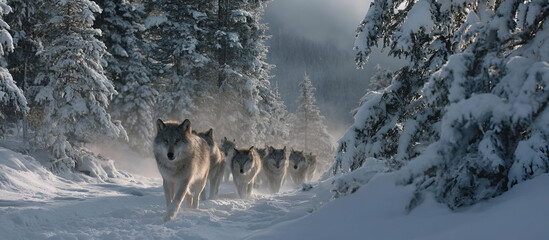 A family of wolves walking through a snowy forest, their thick fur blending with the landscape as they move in perfect unity.