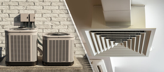 Centralized ventilation system. Equipment for air conditioning of premises. Ventilation pumps outside brick house. Air conditioning technologies. Ventilation grilles and pipes under ceiling