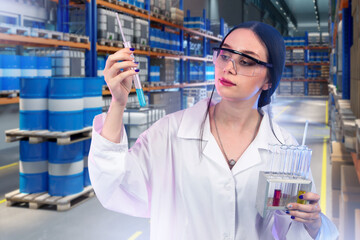 Woman controls oil quality. Laboratory technician at fuel depot. Woman with samples near racks with barrels. Oil testing for eco standards. Woman industrial laboratory assistant in white coat