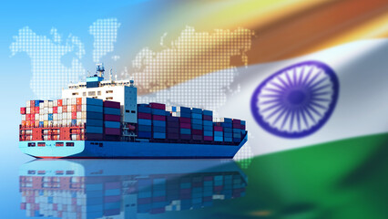 Container ship with goods from India. Sea vessel sailing in ocean. Ship near world map. Sea vessel under India flag. Ship imports cargo from India. Export of goods across Indian ocean.