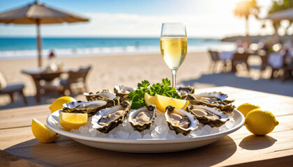 A plate of fresh oysters on ice garnished with lemon and parsley is served with a glass of white wine at a sunny beachfront restaurant setting.