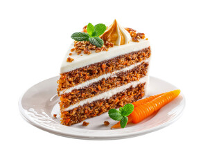Delicious carrot cake slice with cream frosting and decorations