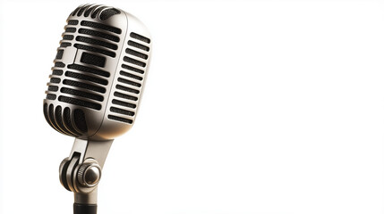 Fototapeta premium Microphone isolated on white background, classic design with metallic grille and sleek black body for audio recording or performance. 