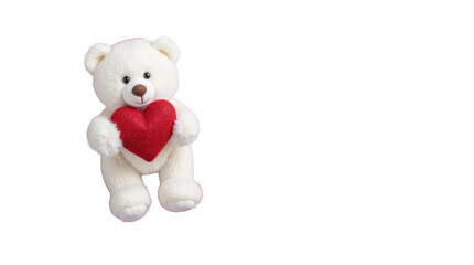 A Romantic Valentine’s Day Composition Featuring a Small White Teddy Bear Holding a Red Heart Seated on a Soft Background