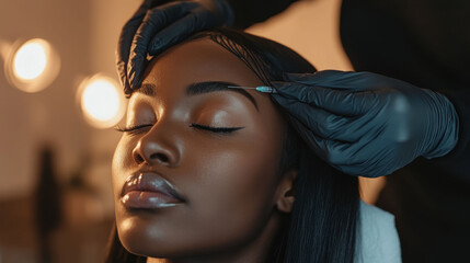 Black woman receiving a Botox injection, with gloved hand carefully administering the treatment on her face, Subject as she undergoes  beauty treatment procedure.