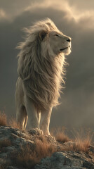 Fototapeta premium A majestic lion standing atop a rock, its mane flowing in the wind as it roars into the open savannah.