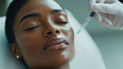 Black woman receiving a Botox injection, with gloved hand carefully administering the treatment on her face, Subject as she undergoes  beauty treatment procedure.