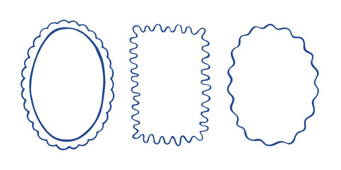 Hand drawn doodle style border frames with scalloped and wavy edges for decorative design elements, isolated on white background, vector illustration.