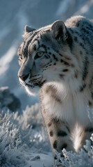 Obraz premium A majestic snow leopard prowling through the snow-covered mountains, its spotted fur blending seamlessly with the wintry landscape.
