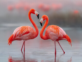 A pair of flamingos standing together in the shallow waters, their pink feathers reflecting beautifully in the calm water.