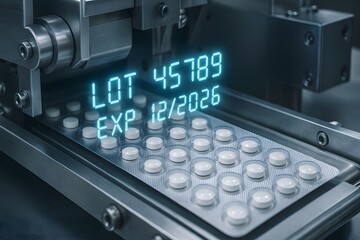 Automated Pharmaceutical Packaging with Expiry Date Printing displays batch and expiry date information for pharmaceutical product blister packs.