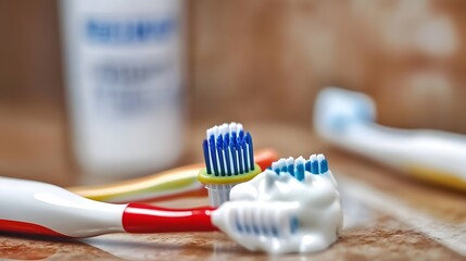 Colorful Toothbrushes with Toothpaste Closeup