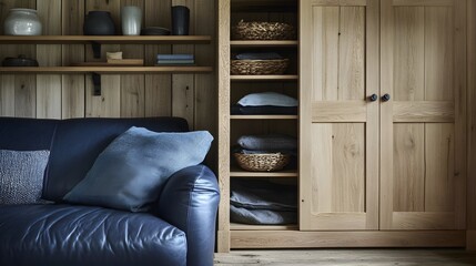 Modern Living Room with Oak Cabinet and Leather Sofa