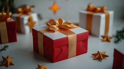 Christmas Gift Boxes Red Gold Ribbon Festive Decor