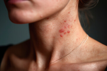 Obraz premium Woman's neck showing skin irritation and blemishes in natural light 