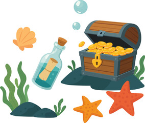underwater cartoon scene with treasure chest, gold coins, message in a bottle, starfish, seashell, seaweed and bubbles for kids summer designs, party invitations or holiday illustrations