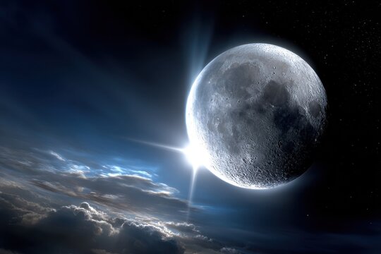 Vibrant full moon reflecting light over clouds during night sky