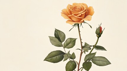 Elegant Yellow Rose Botanical Illustration with Bud