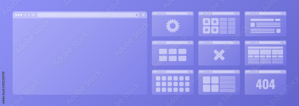 Fototapete Web browser window, transparent pages layout with toolbar and search field. Modern website, internet page. Browser mockup for computer, tablet and smartphone. Adaptive UI. Vector illustration