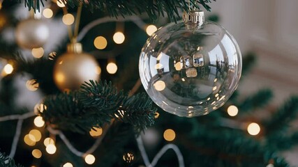 Woman decorating christmas tree with glass ornament at home - Powered by Adobe