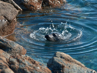 A playful seal splashing in the waves near a rocky shoreline, its round body and flippers creating ripples in the water.