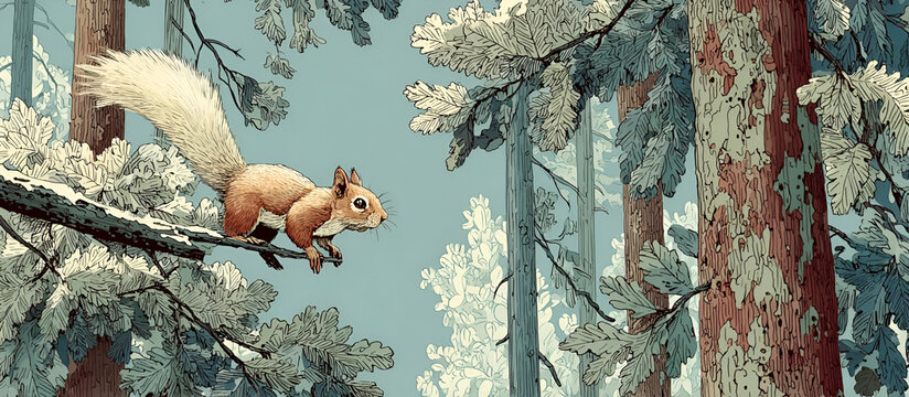 A playful squirrel jumping from branch to branch in a tall tree, its fluffy tail trailing behind it as it navigates the forest.