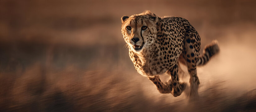 A powerful cheetah sprinting across the savannah, its body low to the ground as it chases down its prey with incredible speed. - Powered by Adobe