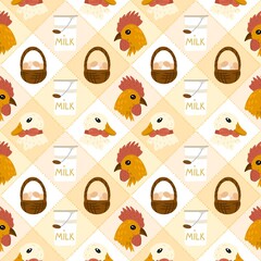 Seamless farm-themed pattern with chickens, ducks, milk jars, and egg baskets on a patchwork background. Ideal for children’s textiles and packaging.
