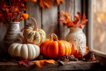 A collection of pumpkins in various colors sits on a wooden table surrounded by vibrant autumn leaves and decorative items, evoking a warm fall atmosphere