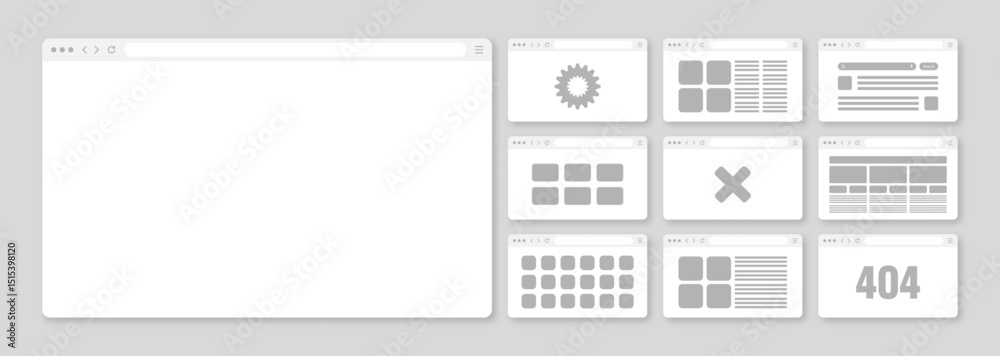 Fototapete Web browser window, pages layout with toolbar and search field. Modern website, internet page in flat style. Browser mockup for computer, tablet and smartphone. Adaptive UI. Vector illustration