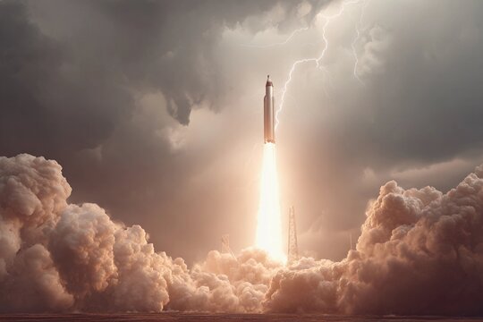 A rocket ascends rapidly into a stormy sky filled with dark clouds and flashes of lightning. Flames and smoke engulf the launch pad as the vehicle breaks through the atmosphere at dusk