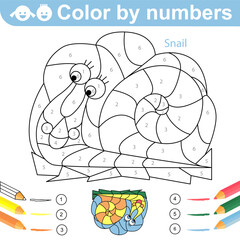 Color by Numbers. Snail. Coloring puzzle with numbers for kids. Coloring page. Worksheet at school, home. Sketch vector illustration