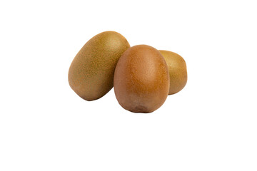 Three whole golden kiwi fruits with smooth brown skin. Front view, transparent background, PNG.