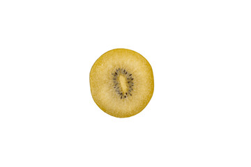 Fresh golden kiwi fruit slice with visible seeds and texture. Top view, transparent background, PNG.