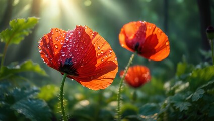 Red poppies with water droplets glistening in the sunlight