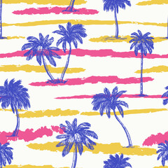 Tropical seamless pattern, palms and watercolor stripes. Summer beach vector background. Fashion textile print design