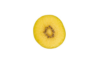 Round slice of golden kiwi fruit. Top view, transparent background, PNG format.